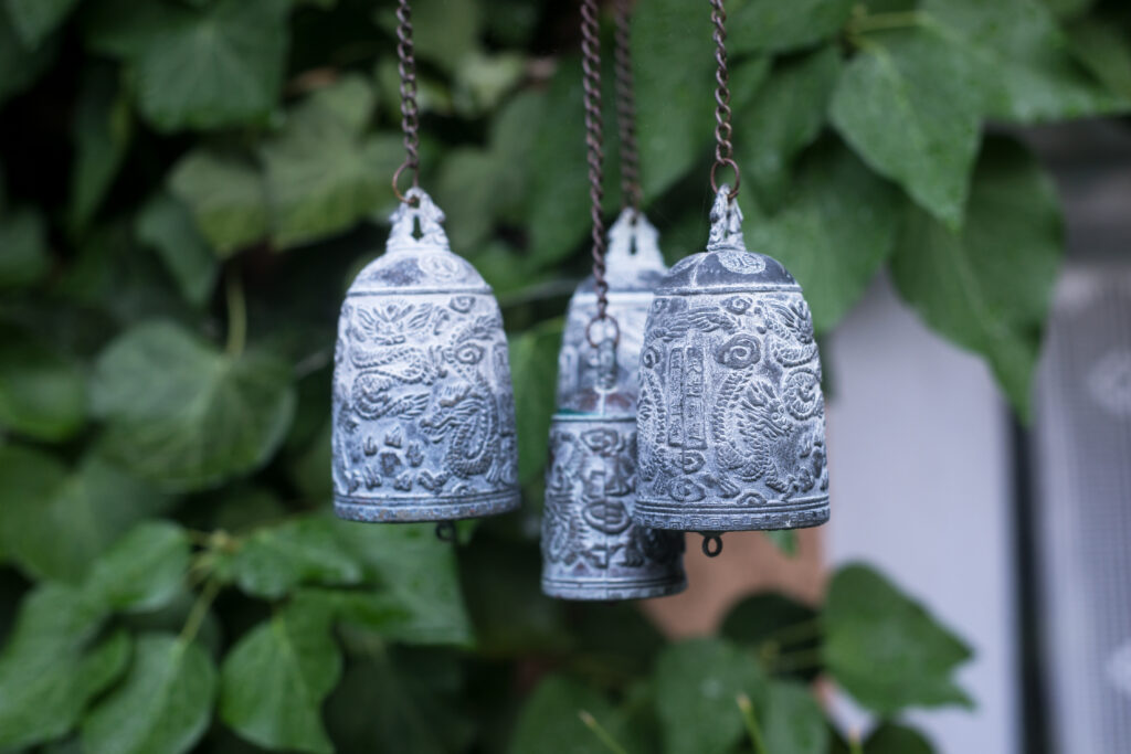 Closeup of asian bell in japanese garden